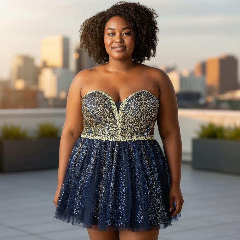 16 Colors Navy and Gold Strapless Sequin‎ Dress